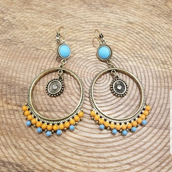 New Boho Earrings Drop Blue Beads Bronze Chandelier Gold Orange Round Vintage - Picture 1 of 2